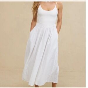 Aerie White Midi Sun Dress Large Sleeveless Adjustable Straps Pockets Scoop Back